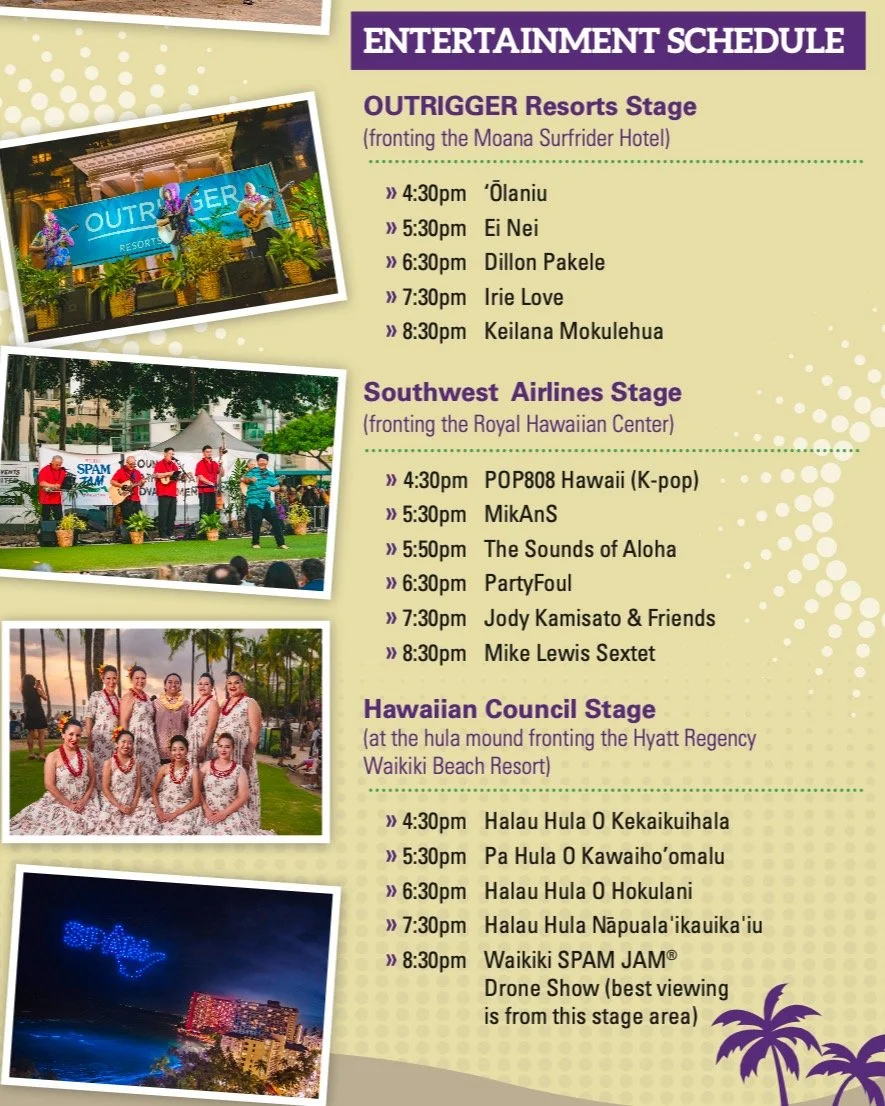 Three amazing stages of free entertainment. The Waikiki SPAM JAM is more than a food festival, it's a collection of the top local entertainment talent in Hawaii. New performances at each hour.