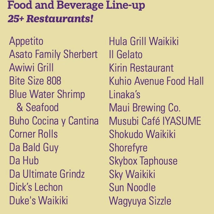 This year we have 25 restaurants serving up SPAM dishes that represents cultures such as Japan, Korea, Mexico, Phillippines, China, Italy and more. Lots of local Hawaii favorite dishes with SPAM too.
