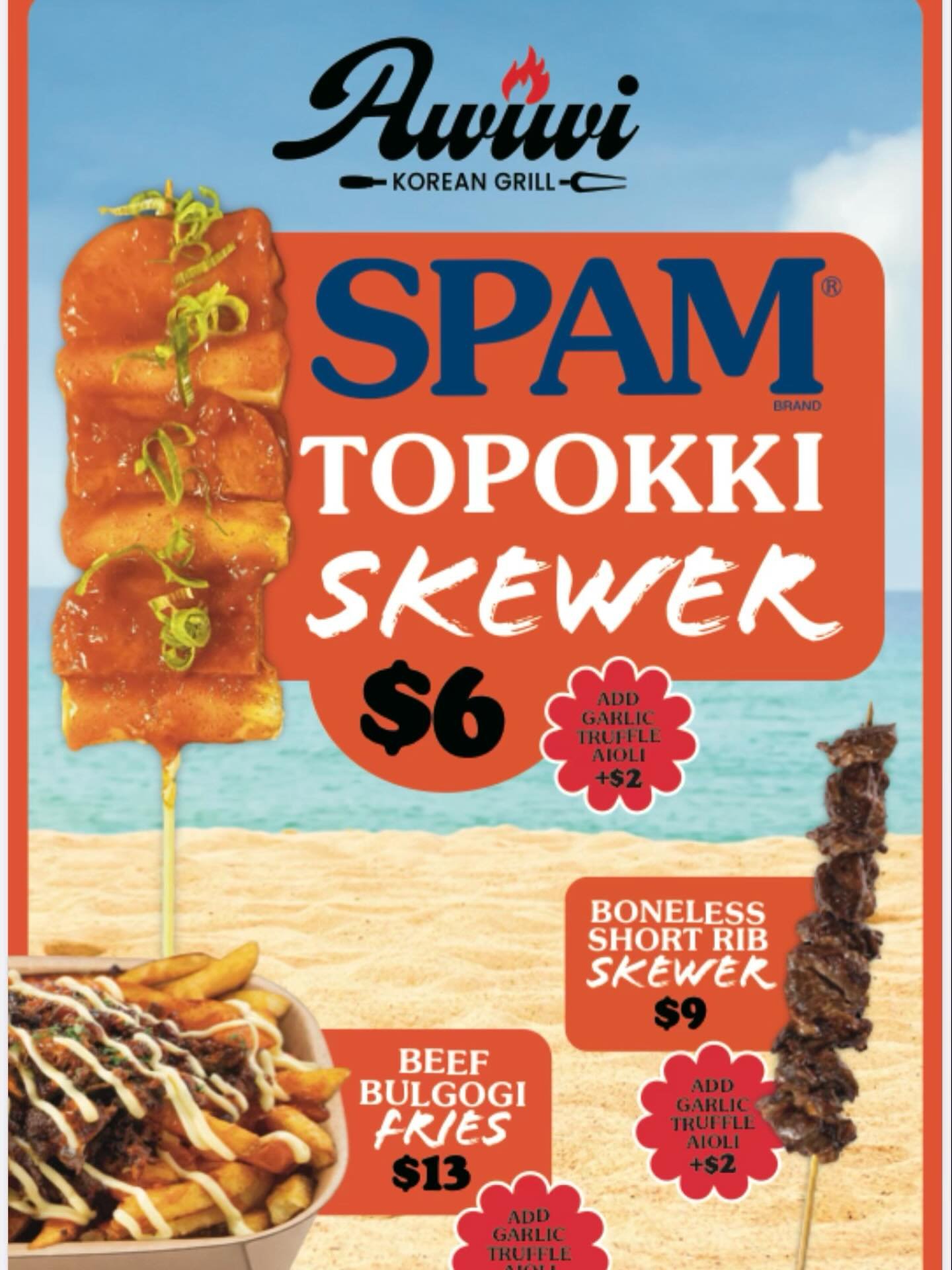 @awiwigrill_chickenuni will be debuting the first ever SPAM TOPOKKI SKEWER on Saturday. This spicy and savory Korean street food dish pairs SPAM with Korean rice cakes on a stick. Kick the flavor up a notch with a garlic truffle aioli addition to thi