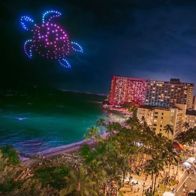 DRONE SHOW INFO
Show start: 8:30pm
Show end: 8:45pm
.
Best viewing: Fronting the Duke Kahanamoku statue or east of the statue on Waikiki Beach. 
.
Will There be Music to the Show?
Yes! The Hawaiian Council Hula Mound stage will be playing music to th