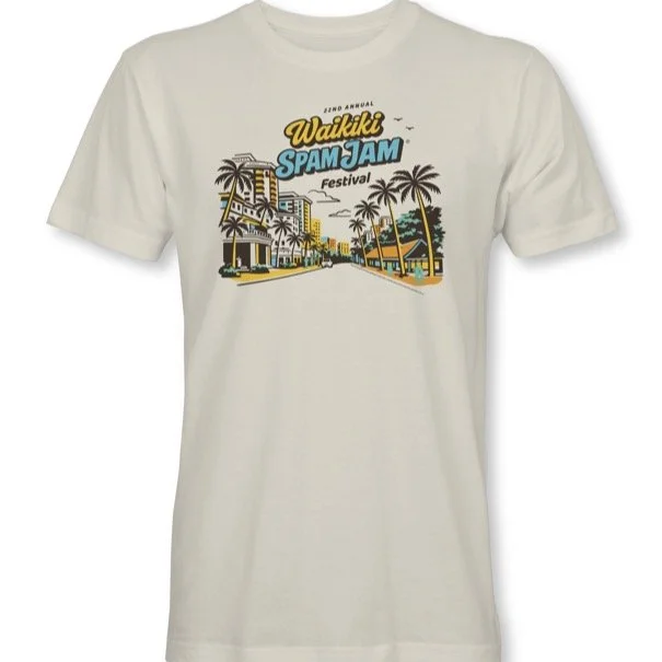 2026 Waikiki SPAM JAM Event Shirt Information. Men's color is Sand, the Women color is Sea Foam (similar to light green).
.
$25 in person
$30 online 
.
Pop Up Shop
@waikikibeachwalk 
Near Iyasume Musubi 
Fri 4/24 3-8pm
Sat 4/25 10-2pm
.
Block Party
S