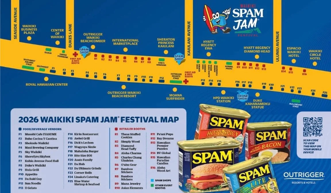 Our Festival Map is here! 
The most frequent suggestion we hear from our attendees is that planning where your main SPAM dishes you really want ahead of time is key, as the festival stretches 5 city blocks in Waikiki. This map helps save time.

Pin t