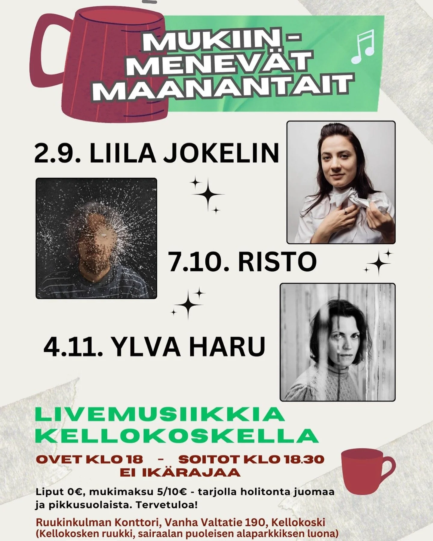 Maanantaina starttaa ❤️ 

Uusi ik&auml;rajaton el&auml;v&auml;n musiikin klubi Kellokosken Ruukissa! Kuukauden ensimm&auml;inen maanantai, klo 18.00. 
Syksy 2024:
2.9. Liila Jokelin
7.10. Risto (soolo)
4.11. Ylva Haru
Syksyn keikoille on vapaa p&auml