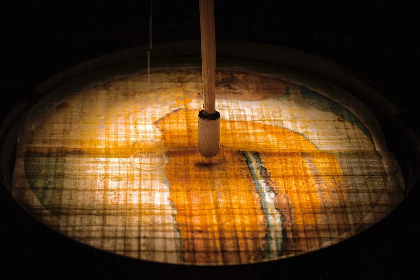 &laquo;&nbsp;Cry of the Inti (Sun God)&nbsp;&raquo;
Installation sculpture, encre sur papyrus, bassin, syst&egrave;me de pompe dans tige de roseau, lumi&egrave;re LED, 53x120cm, 2024.

Cry of the Inti (Sun God) est une installation visuelle mettant e