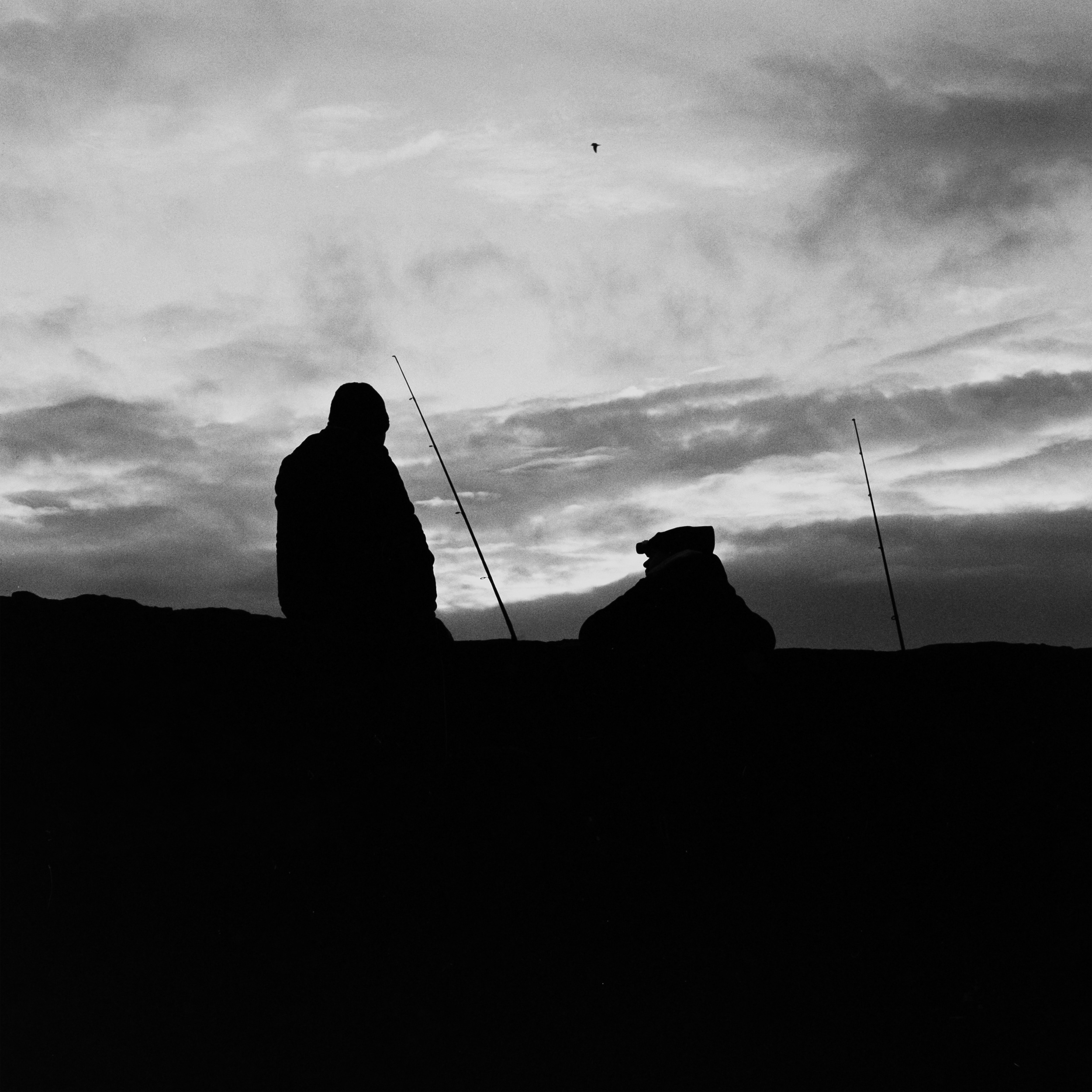 Silhouettes of two people sitting outdoors with fishing rods, against a cloudy sky during dusk or dawn.