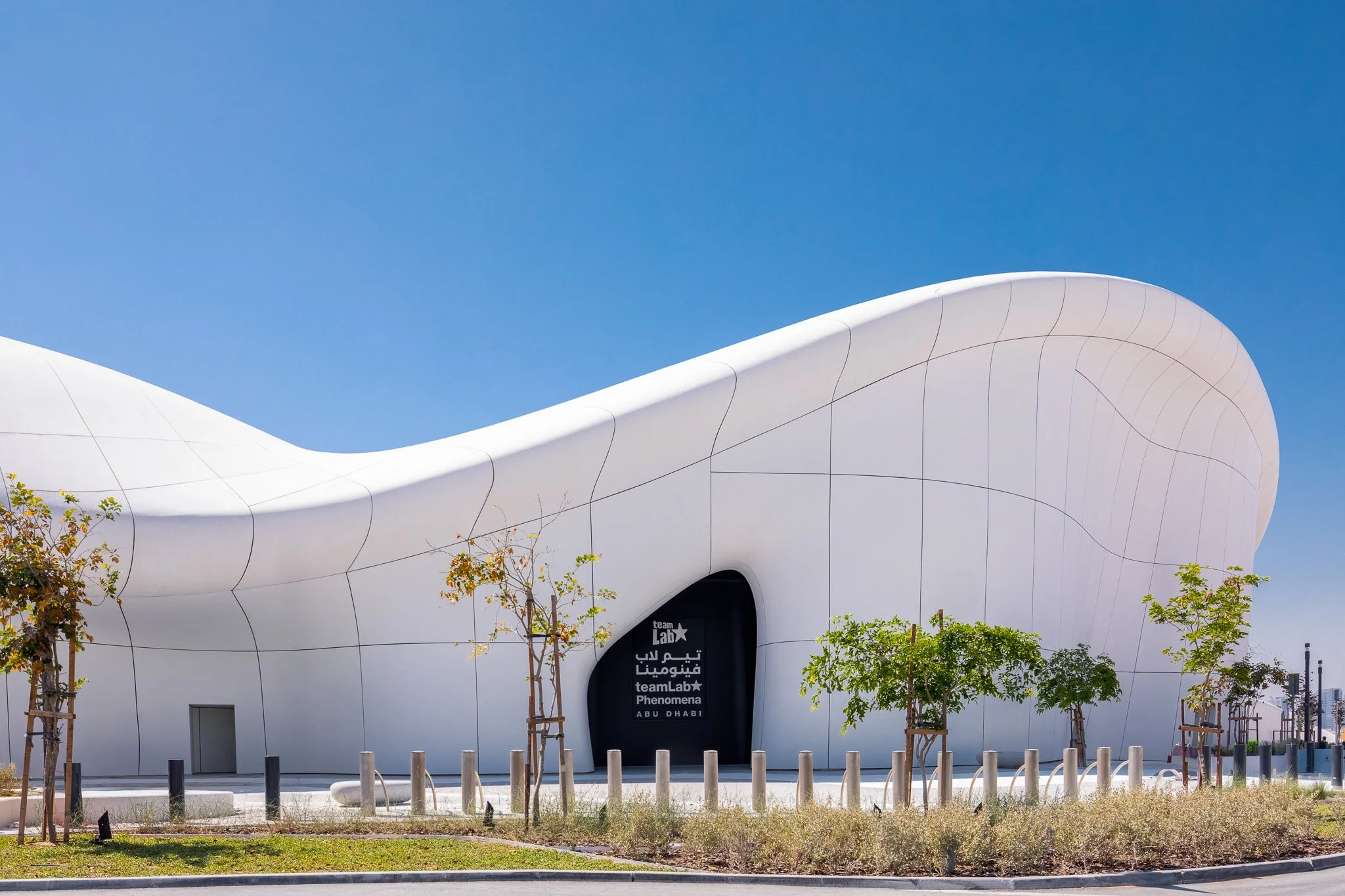 Modern architectural building with smooth white curved exterior, surrounded by young trees and a clear blue sky
