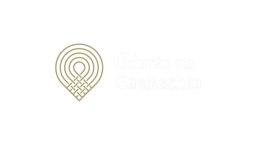 Logo of a stylized fingerprint with intricate knot design inside, alongside the Irish Gaelic phrase 'Údarás na Gaeltachta' on a black background.