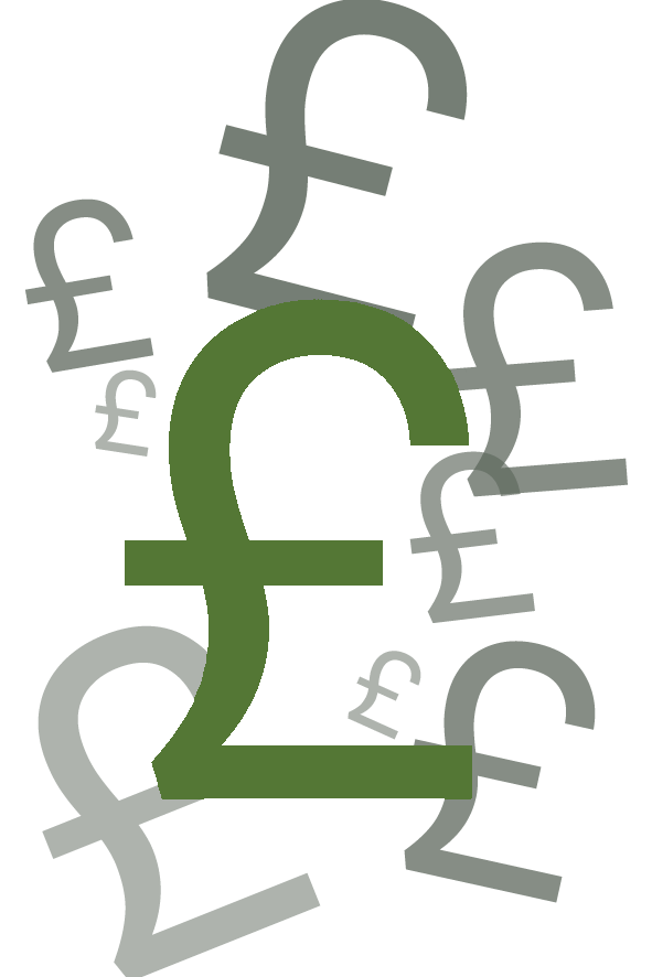 Various British Pound (£) currency symbols in different sizes and orientations.