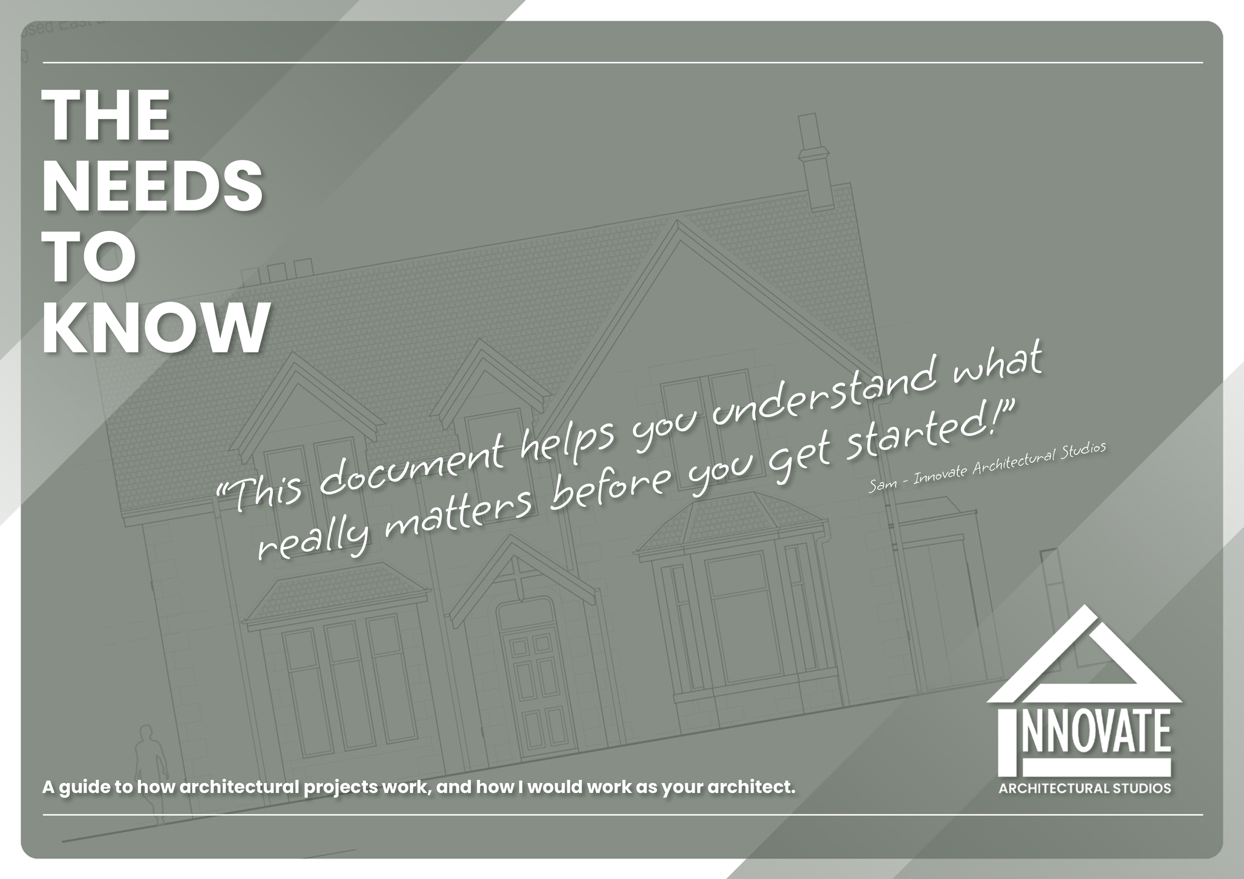 Cover page of an architectural guide titled 'The Needs to Know' with a faint outline of a house in the background, featuring a quote: 'This document helps you understand what really matters before you get started!' by Sam from Innovate Architectural Studios, along with the company's logo of a house with the word 'INNOVATE' inside.