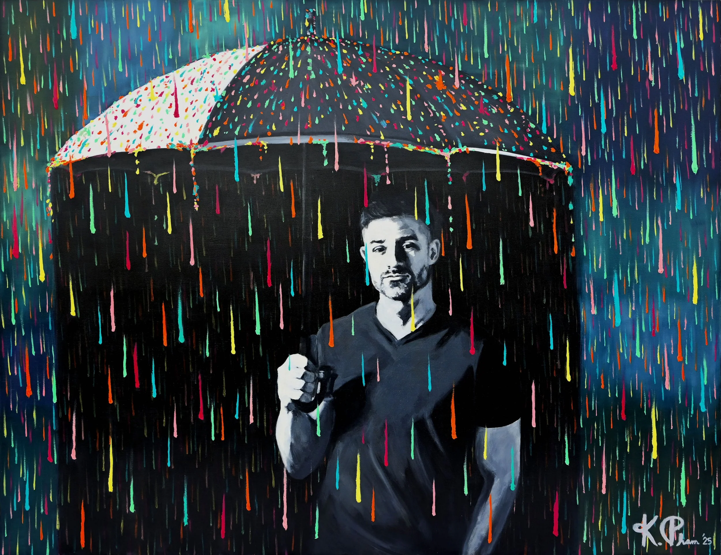  Life keeps raining on me!   
2025  
114 x 146 cm  
Oil on cradled wood panel  
 Currently at exhibition by Arca Gallery Lisboa   
