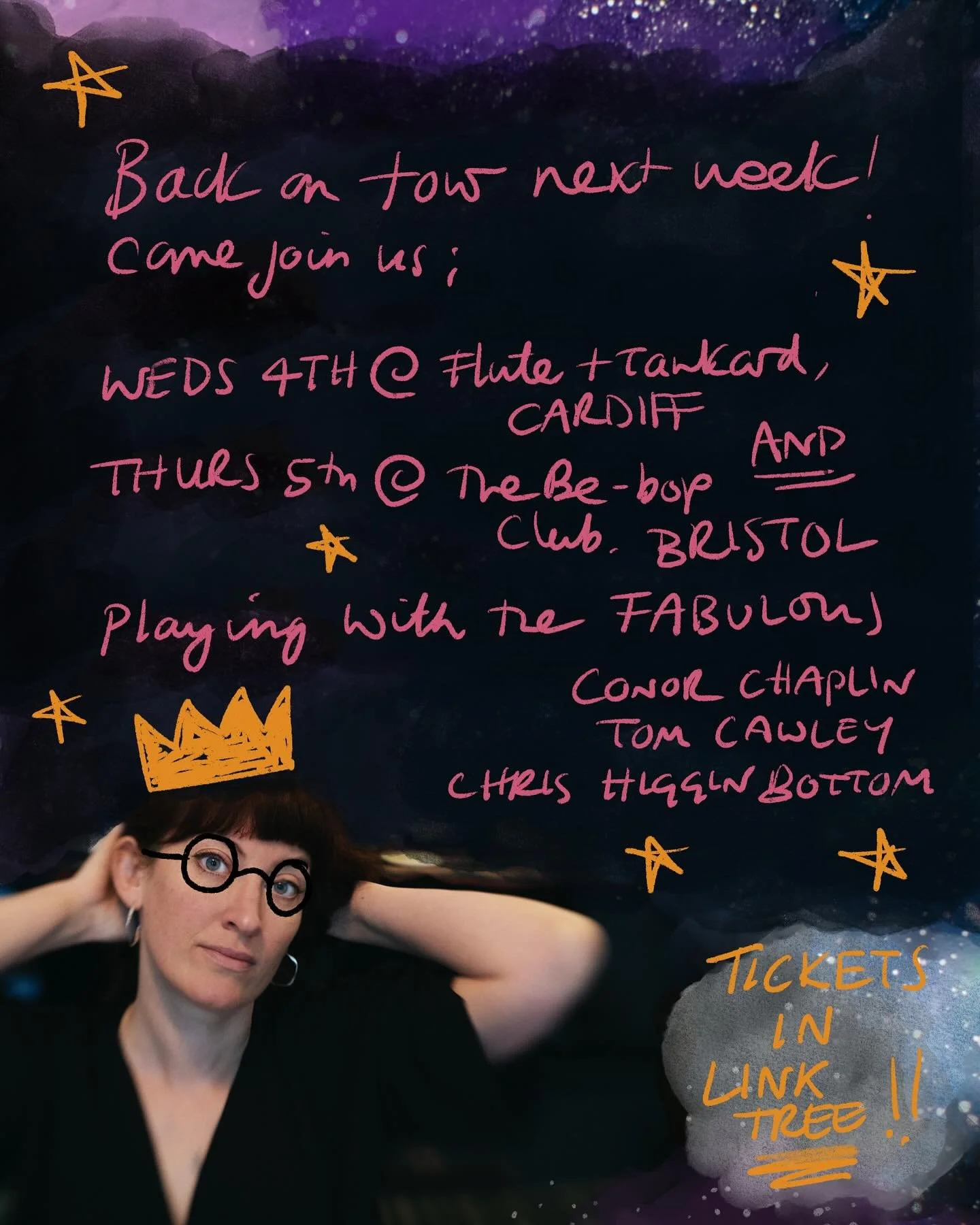 💜MORE TOUR! Cardiff / Bristol peeps come thruuu! 
.
WEDS 4th JUNE @fluteandtankard CARDIFF 
THURS 5th JUNE @bebopclub BRISTOL 
.
🪐Playing w/ the ridiculous @tomstagram_cawley @conor.chaplin @higgsplaysdrums 💜
.
🚀OBVZ songs from LAST NIGHT OF THE 