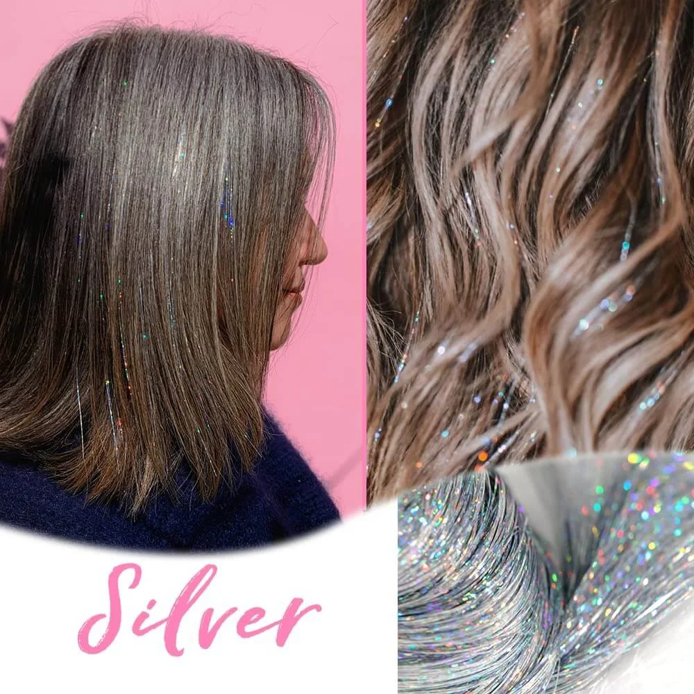 Close-up of a woman's hair showing a silver, glittery fairy hair tinsel in her hair.