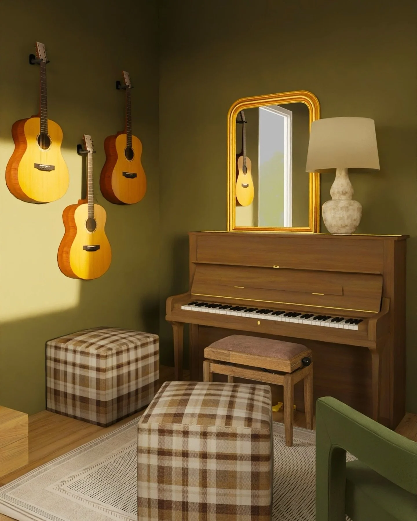 Flashback to this vibrant family room I designed with the sweetest little music corner 🎶 One of my favorite parts of the process? Creating 3D renderings so you can visualize your dream space before purchasing furniture. ✨ #3drendering #interiordesig