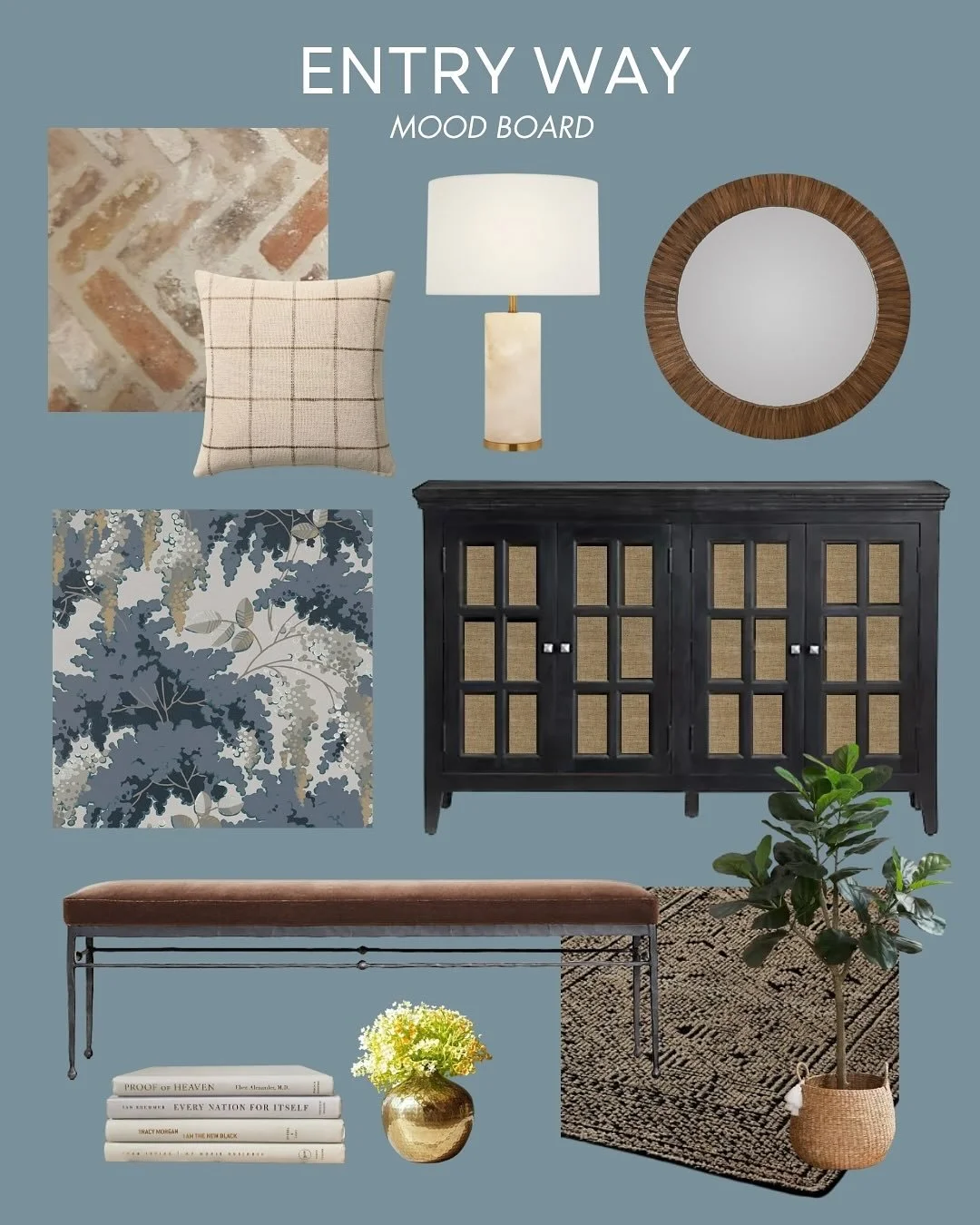 Entryway mood board and renderings. 💫 Loved designing this traditional blue entryway that feels like home the moment you walk through the door.