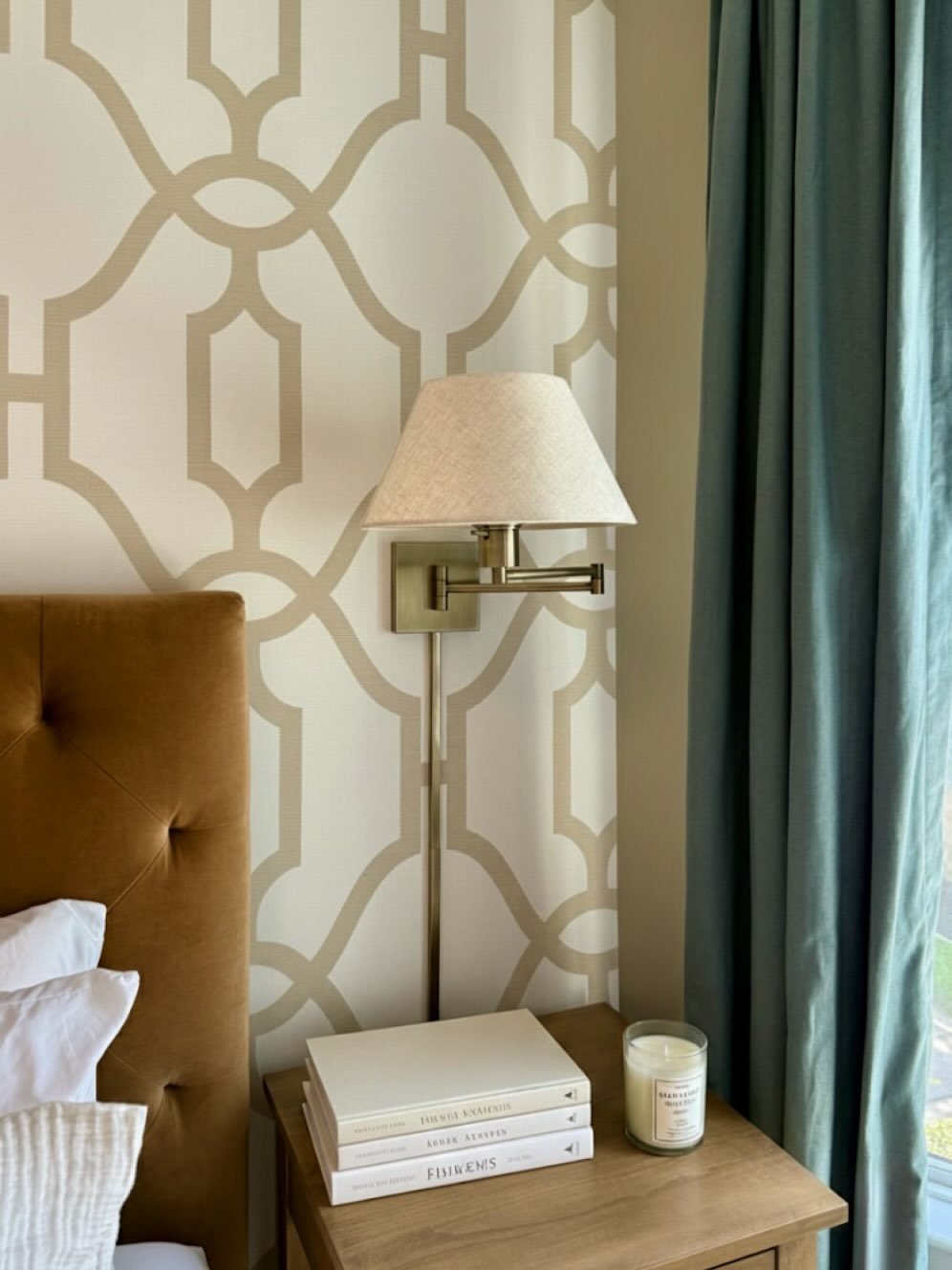 A photo from our east end portland project. 🌊A serene coastal bedroom with a touch of color and pattern.