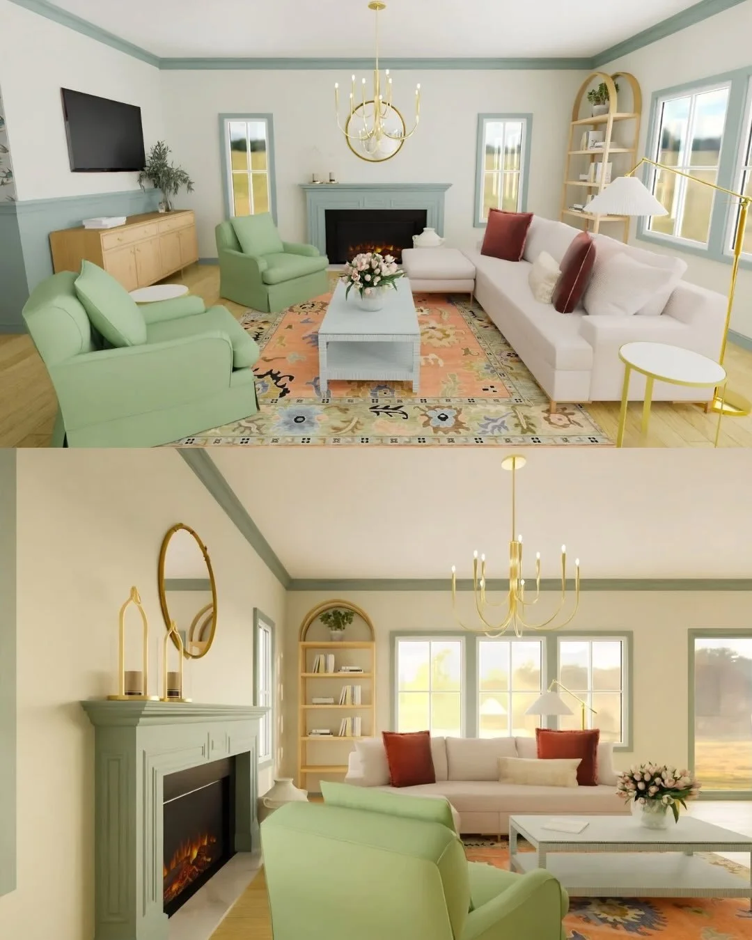 A little peek at a new project in Cape Elizabeth 🌊

Coral, blue, and green playing off each other in all the right ways&mdash;anchored by a bold wallpaper moment and color that flows effortlessly throughout the space. It&rsquo;s vibrant, layered, an