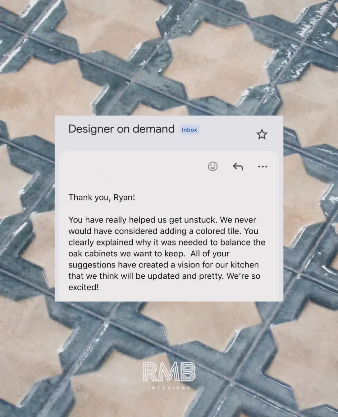 The best email to receive! 📧 ✨

In just an hour and half we were able to get the ball rolling on counter top, tile and hardware selections for this lovely client! With our designer on demand package we really jump right in and help clients get &ldqu