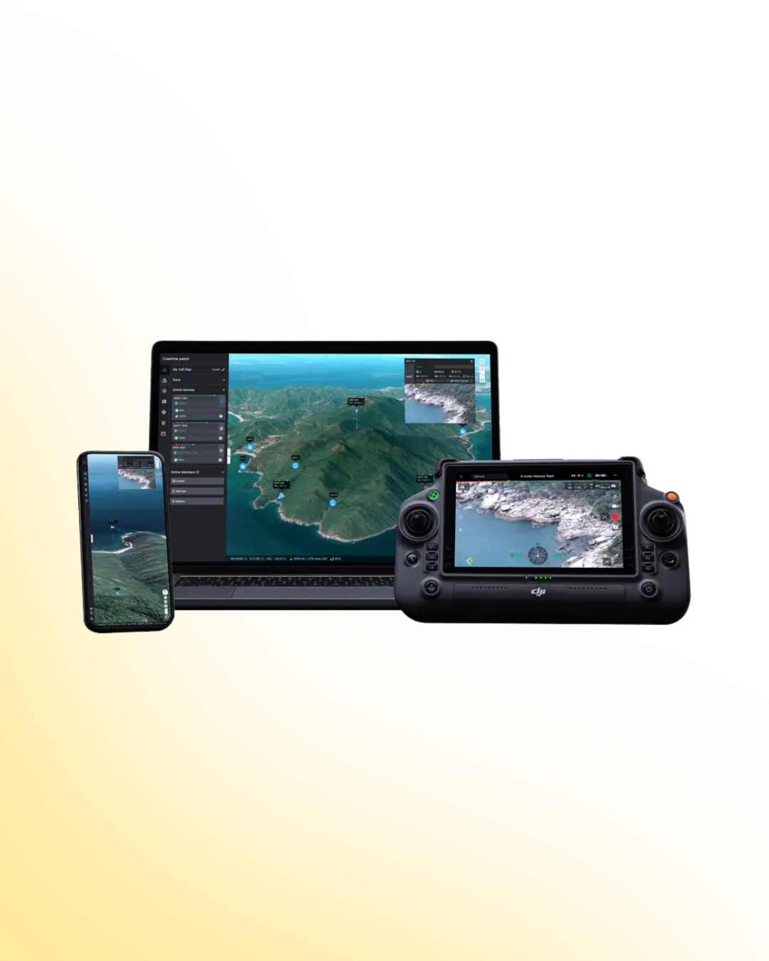 Multiple electronic devices displaying a drone's aerial view map: a smartphone, a laptop, and a drone remote controller.