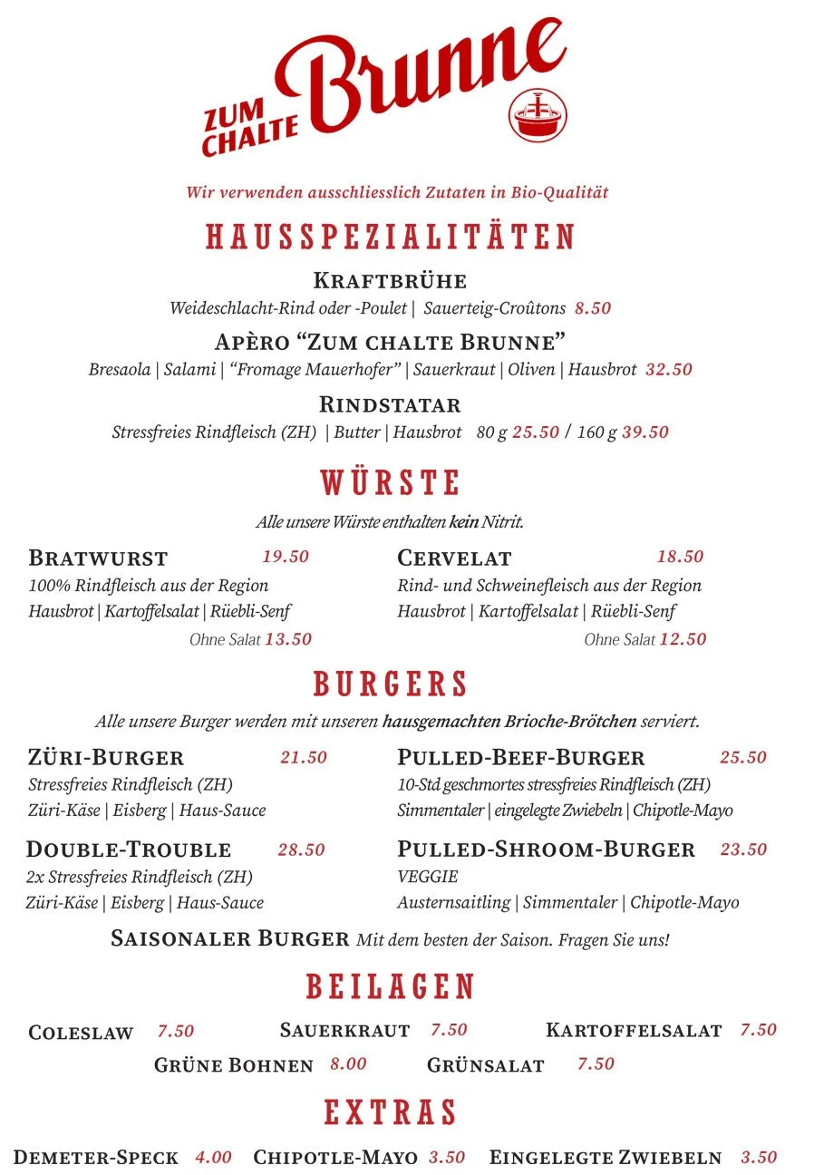 Speisekarte mit hausgemachten Spezialitäten, Wurst- und Burger-Angeboten, Beilagen und Extras in deutscher Sprache.