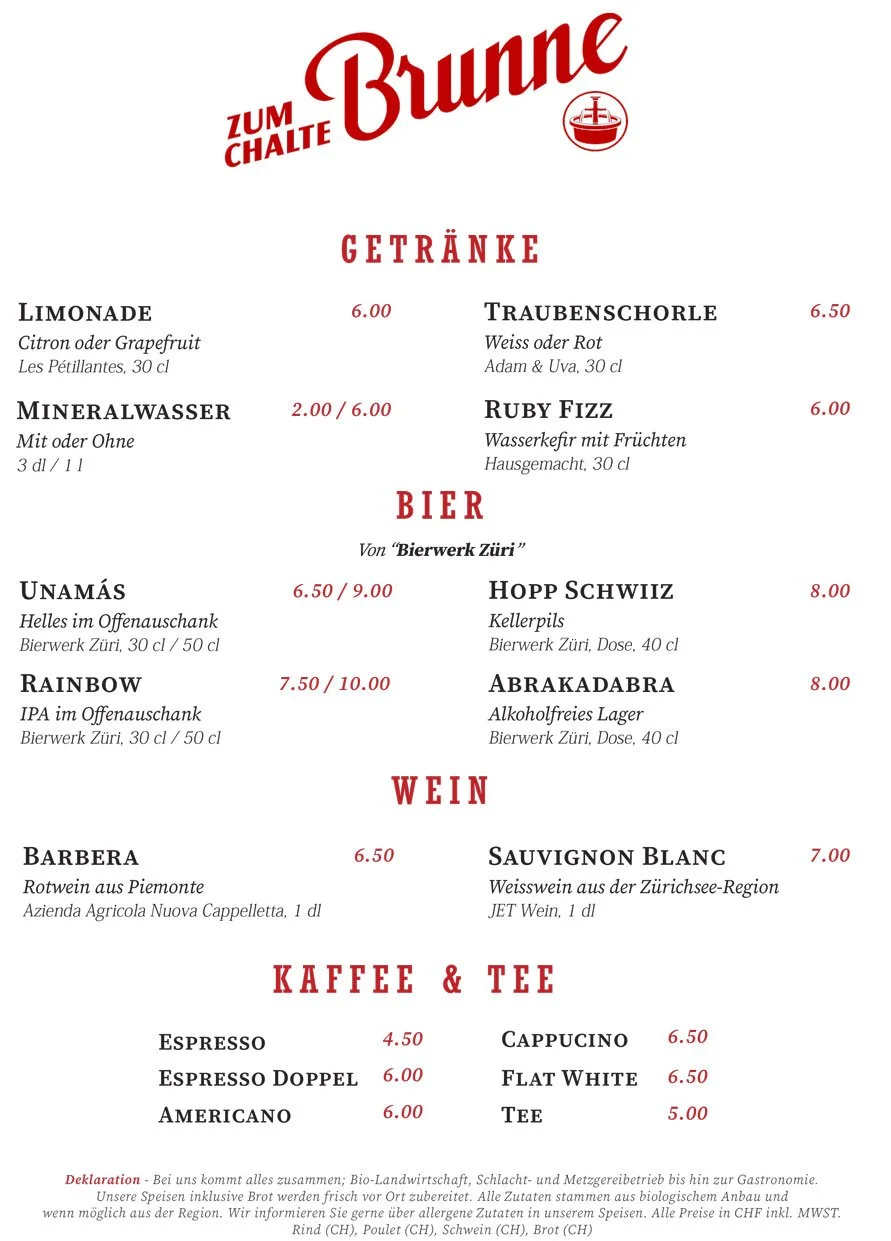 Getränkekarte der Bar zum Chalte Brunne mit Angeboten für Limonade, Traubenschorle, Mineralwasser, Wasser, Bier, Wein, Kaffee und Tee.