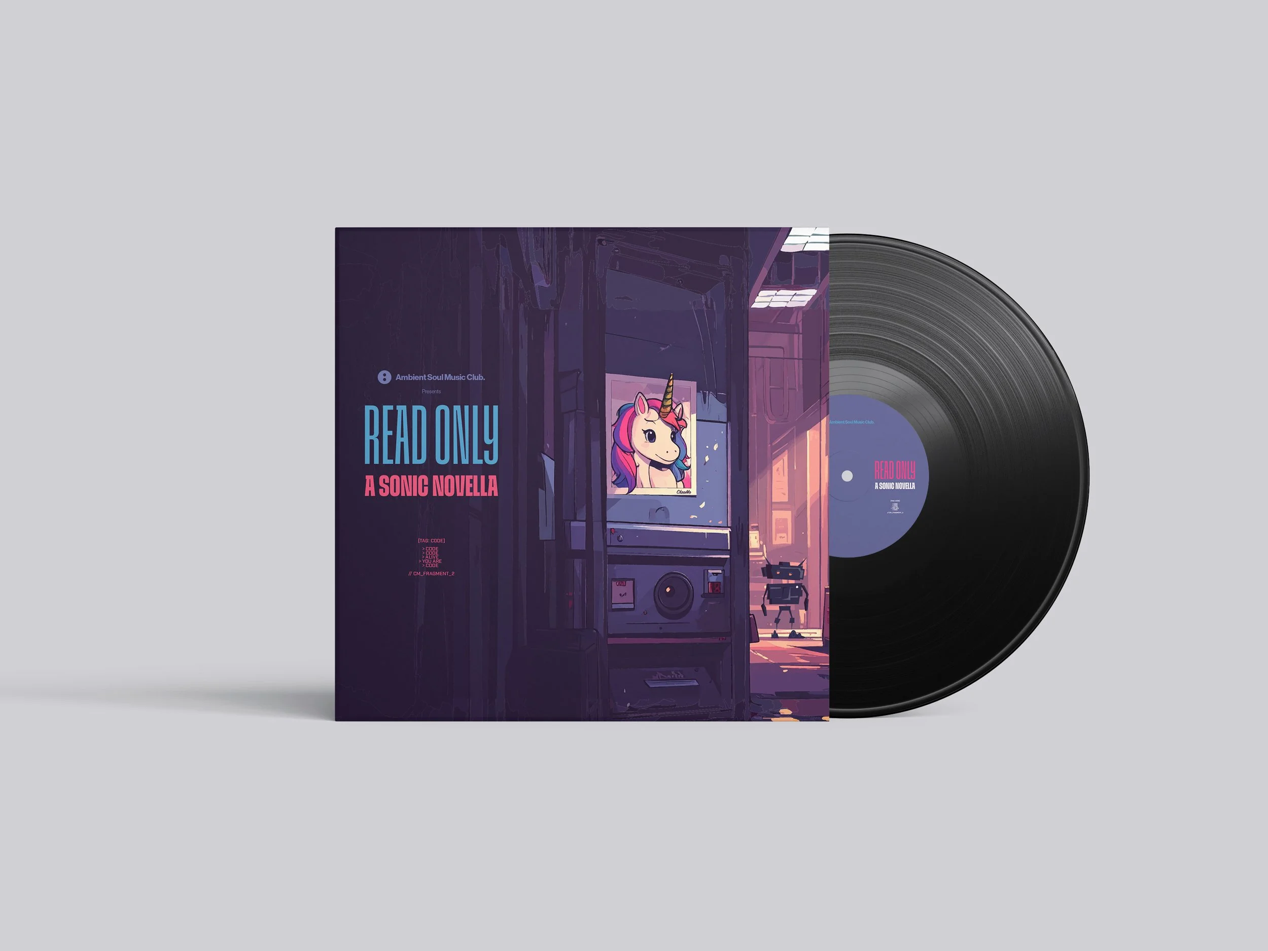 Vinyl record with album cover featuring an illustrated pink and purple unicorn in front of a building at sunset, labeled 'Read Only: A Sonic Novella'.