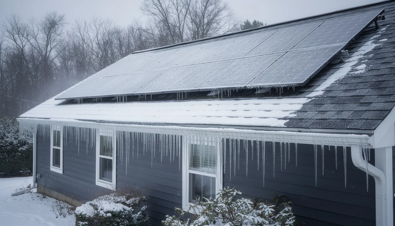 The image depicts solar panels on a New England home's roof, lightly covered with snow, while icicles dangle from the gutters. This scene illustrates the challenges of solar energy production during winter months.
