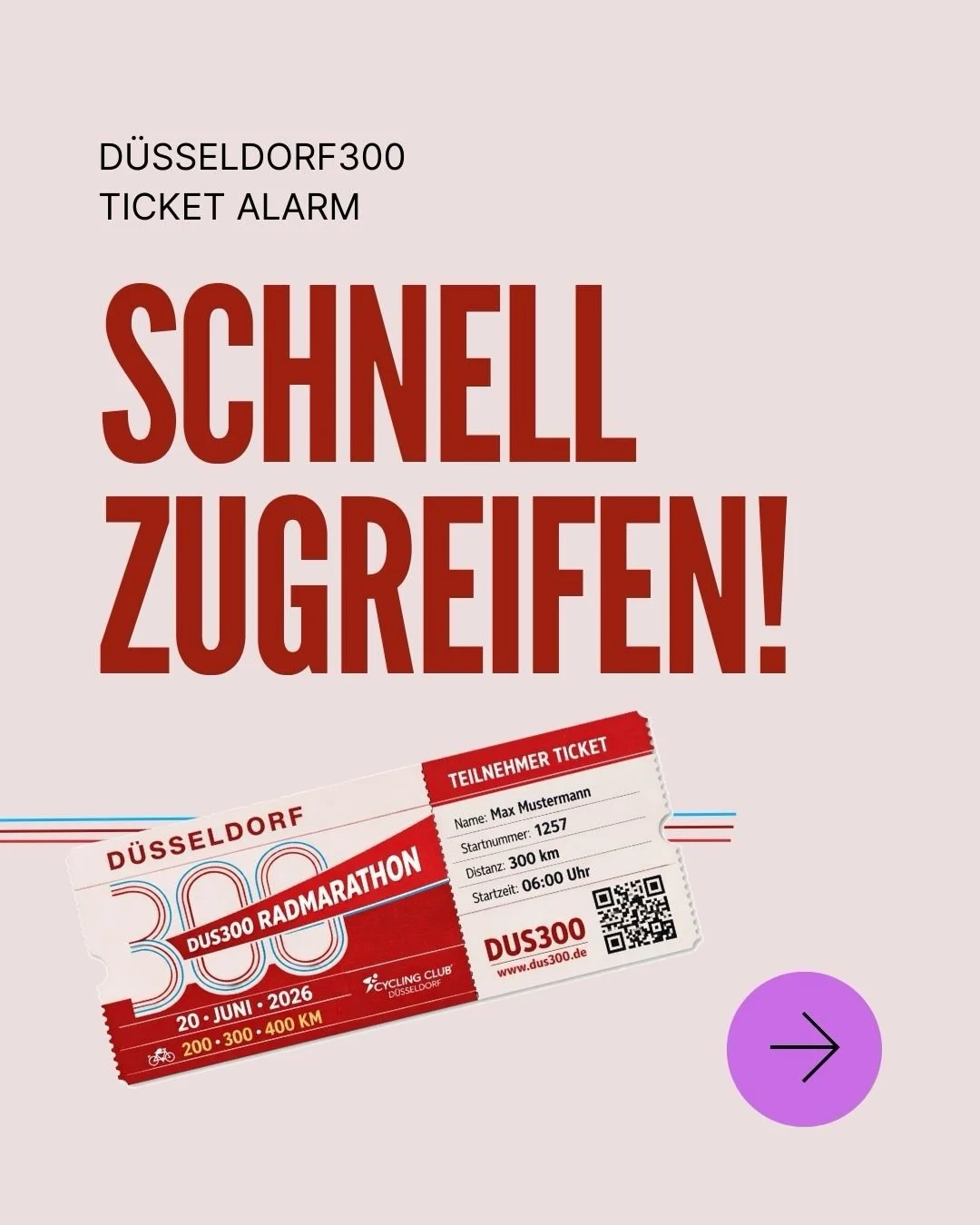 Mehr als die H&auml;lfte der Tickets ist weg. 🧨
DUS300 am 20.06.2026 wird voll &ndash; wenn du dabei sein willst: jetzt Ticket sichern.

Im Ticketpreis enthalten:
✅ Infos &amp; Updates per Mail + Instagram/Facebook/Website
✅ Organisation und Adminis