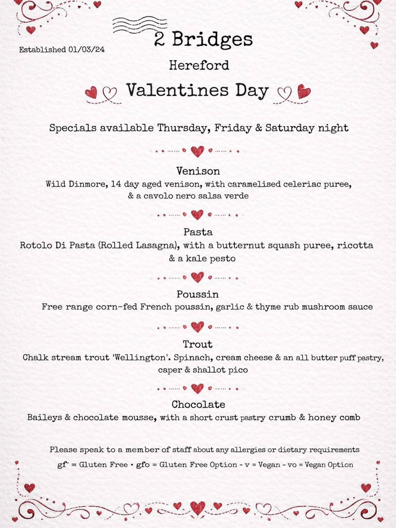 -𝙑𝙖𝙡𝙚𝙣𝙩𝙞𝙣𝙚&rsquo;𝙨 𝙒𝙚𝙚𝙠𝙚𝙣𝙙-

Love is in the air and Valentine&rsquo;s weekend is nearly here ❤️

From Thursday to Saturday evening, alongside our regular menu, we&rsquo;ll be serving up some very special Valentine&rsquo;s dishes &nda