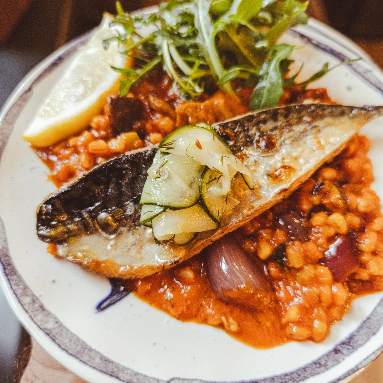Two recent fish Specials; Grilled Mackerel, with Mediterranean bulgar wheat and aubergine &amp; Pan Fried Silver Mullet, with Proven&ccedil;al new potato salad, olives and lemon