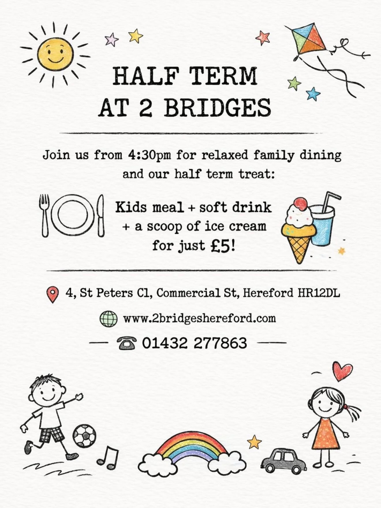 -𝙃𝘼𝙇𝙁 𝙏𝙀𝙍𝙈 𝘼𝙏 2 𝘽𝙍𝙄𝘿𝙂𝙀𝙎-

Looking for somewhere to enjoy with the family this half term?
Come and spend some time at 2 Bridges &mdash; the perfect spot to relax, eat, and enjoy the sunshine together.

Enjoy our courtyard with plenty 