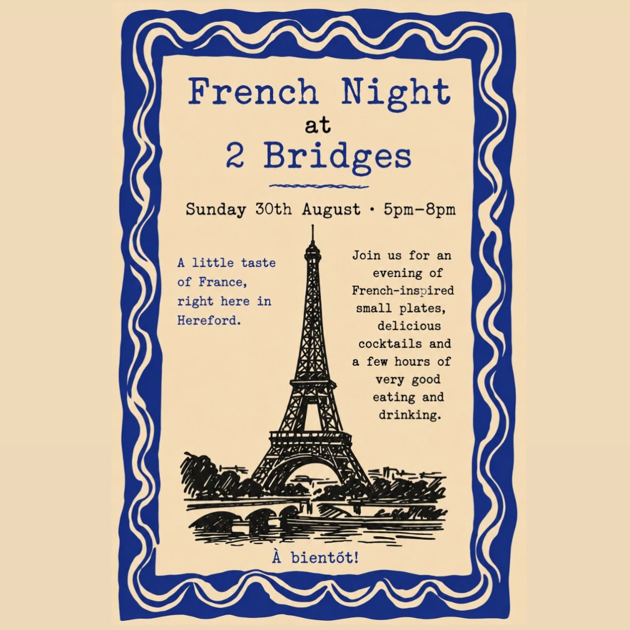 -𝘽𝘼𝙉𝙆 𝙃𝙊𝙇𝙄𝘿𝘼𝙔-

A little bit of France is coming to 2 Bridges.

Join us on Sunday 30th August &middot; 5pm&ndash;8pm for an evening of French-inspired small plates, beautiful cocktails and a little joie de vivre.

Good food. Good drinks. 
