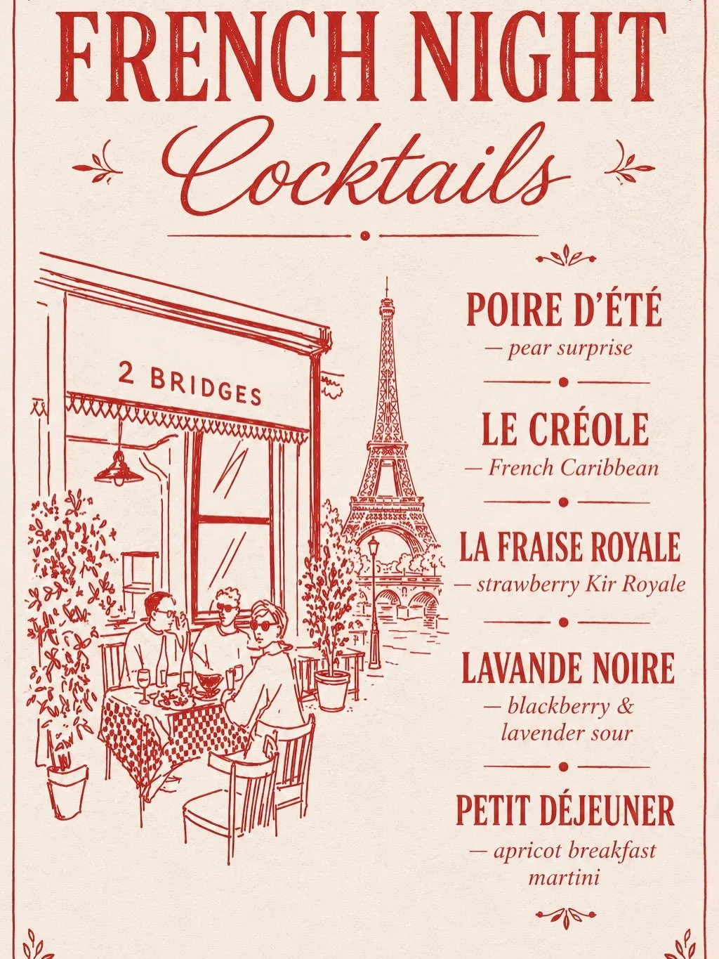 -𝙁𝙍𝙀𝙉𝘾𝙃 𝙉𝙄𝙂𝙃𝙏-

Have you booked your table yet?

🍸 Our French Night cocktail menu is ready &mdash; a few new creations, plenty of flavour, and something for everyone.

Not drinking? No problem &mdash; we&rsquo;ve got mocktails and non-alc