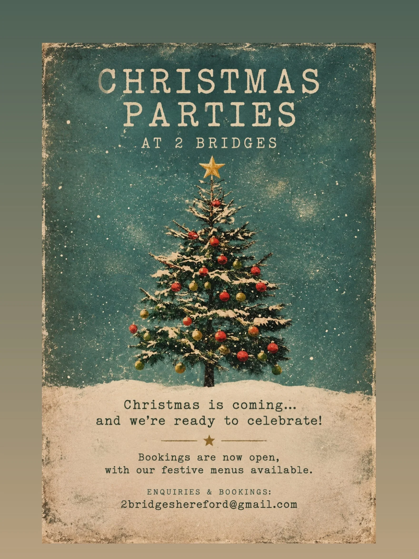 -𝘾𝙃𝙍𝙄𝙎𝙏𝙈𝘼𝙎 𝙋𝘼𝙍𝙏𝙄𝙀𝙎 𝘼𝙏 2 𝘽𝙍𝙄𝘿𝙂𝙀𝙎-

Planning your Christmas get-together? We&rsquo;re now taking bookings for Christmas parties at 2 Bridges.

Our Christmas menus are available now, with plenty of festive food and drinks to mak