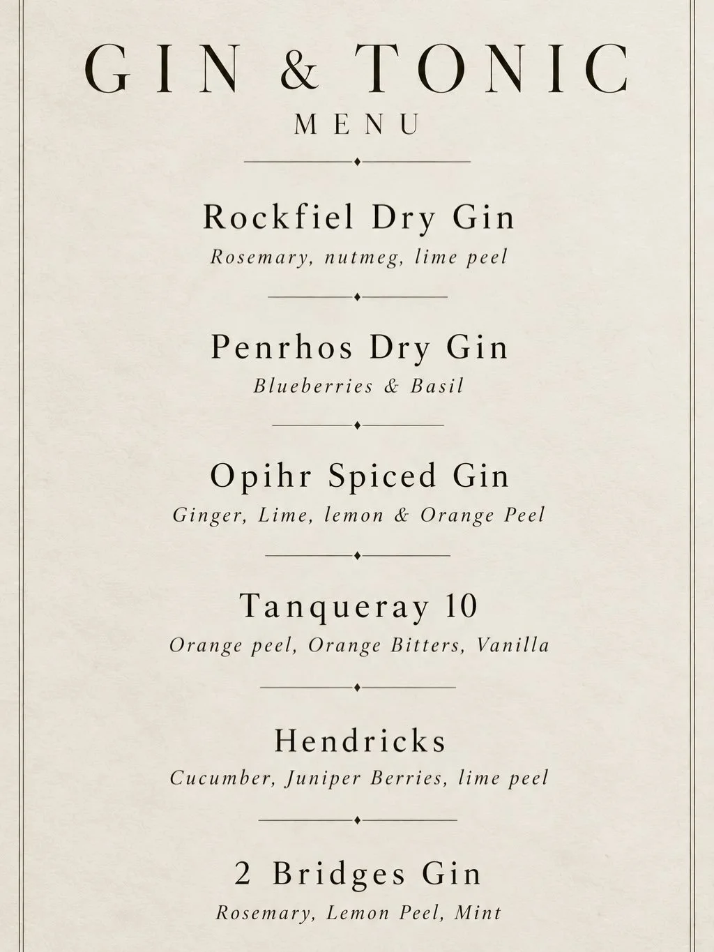 -𝙂𝙄𝙉 &amp; 𝙏𝙊𝙉𝙄𝘾, 𝘿𝙊𝙉𝙀 𝙋𝙍𝙊𝙋𝙀𝙍𝙇𝙔-

There&rsquo;s something about a good G&amp;T. Cold, crisp, refreshing &mdash; and somehow always the right choice.

At 2 Bridges, we&rsquo;ve put together a Gin &amp; Tonic menu with different fla