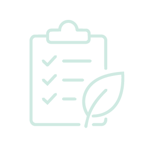 Outline of a clipboard with checkmarks and a leaf.