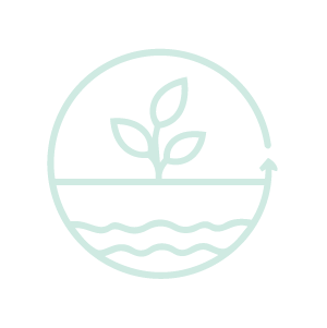 Line drawing of a sprouting plant inside a circle, with a horizontal line and water waves at the bottom, and an arrow indicating circularity.