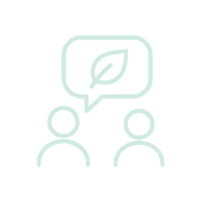 Two people with a speech bubble containing a leaf symbol, representing a discussion about nature or environment.