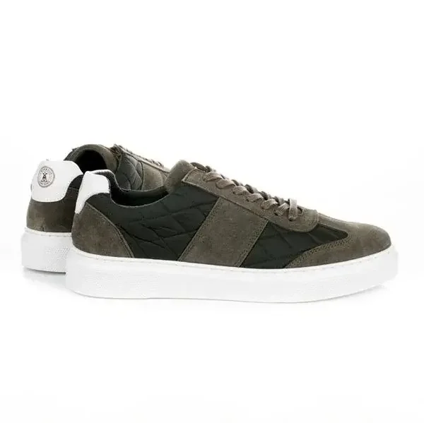 A pair of men's trainers with dark grey and black colours, white soles, and grey laces, positioned against a plain white background.