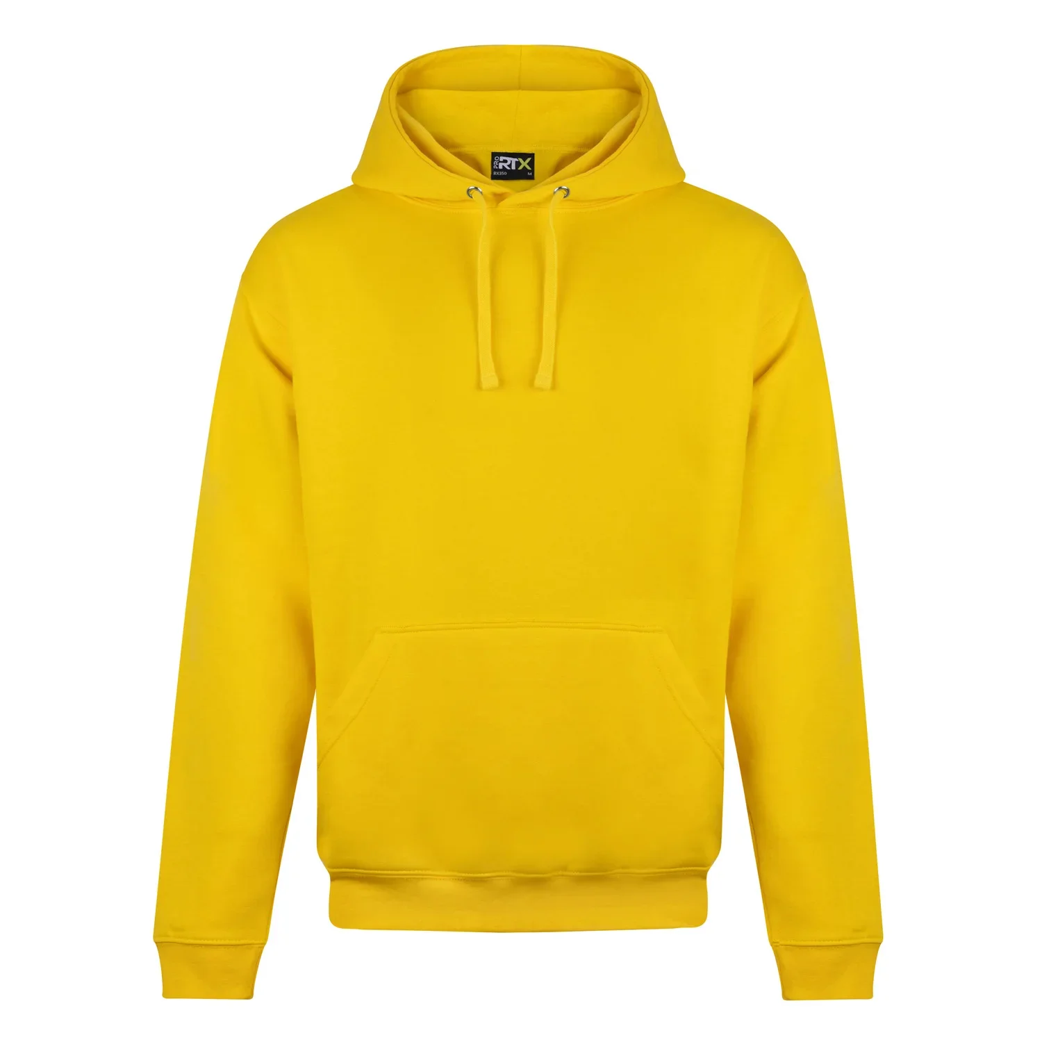 Invisible mannequin of a yellow hoodie with drawstrings, displayed against a white background.