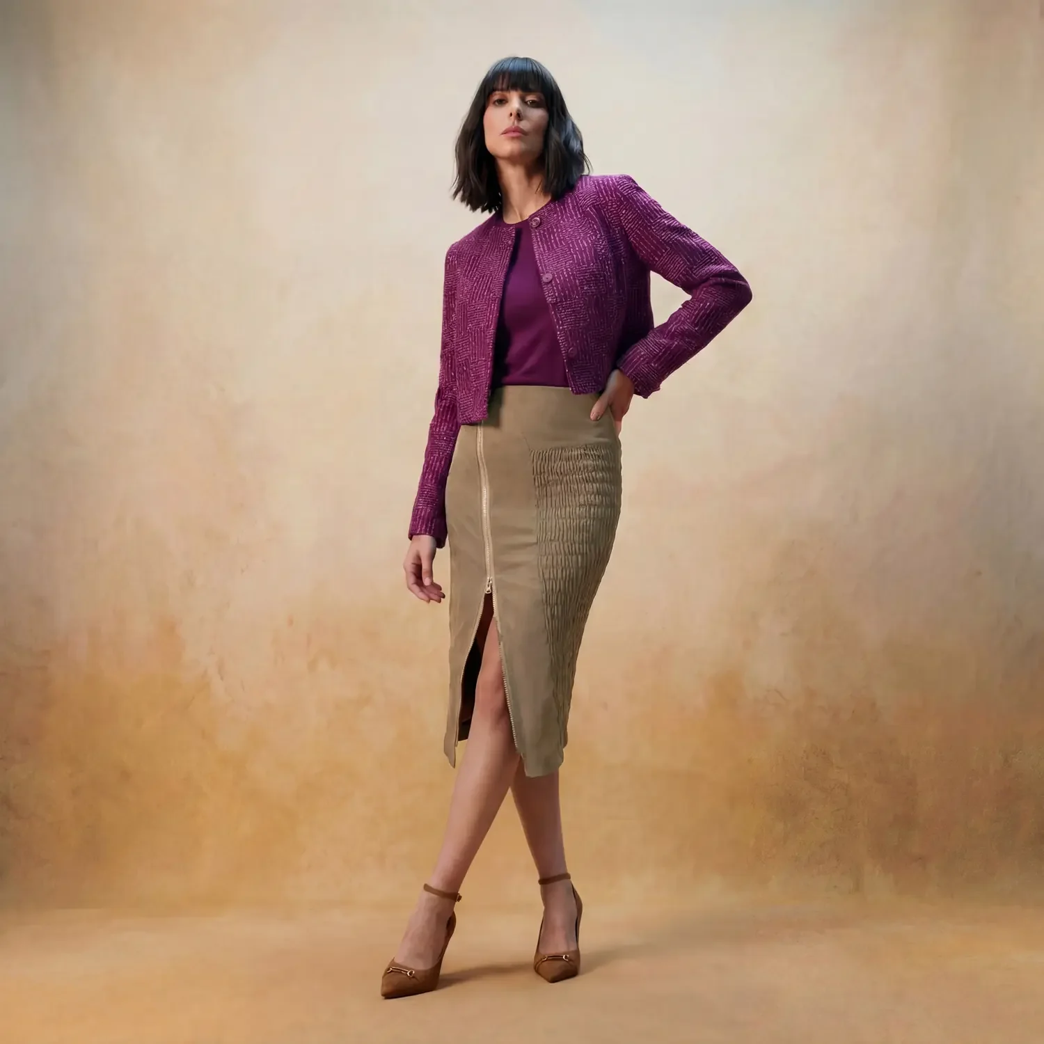 female virtual model jacket and skirt outfit.webp