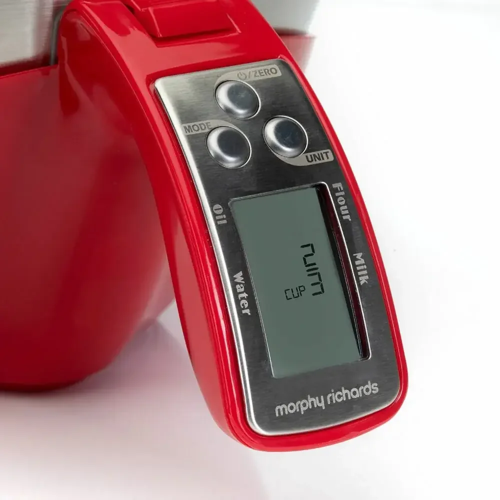 product image of red digital kitchen scale branded Morphy Richards.