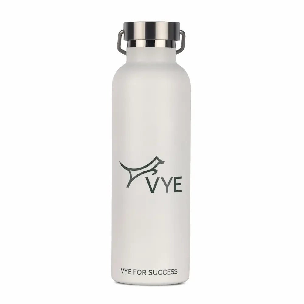 An off white coloured flask with chrome top on a white background