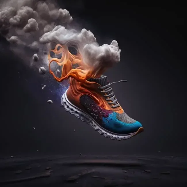 footwear photography of a floating neaker with a colourful creative design, emitting smoke against a dark background.