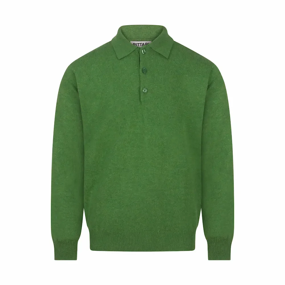 Ghost Mannequin Photography of a Pittari green long-sleeve knit polo sweater with ribbed cuffs and hem