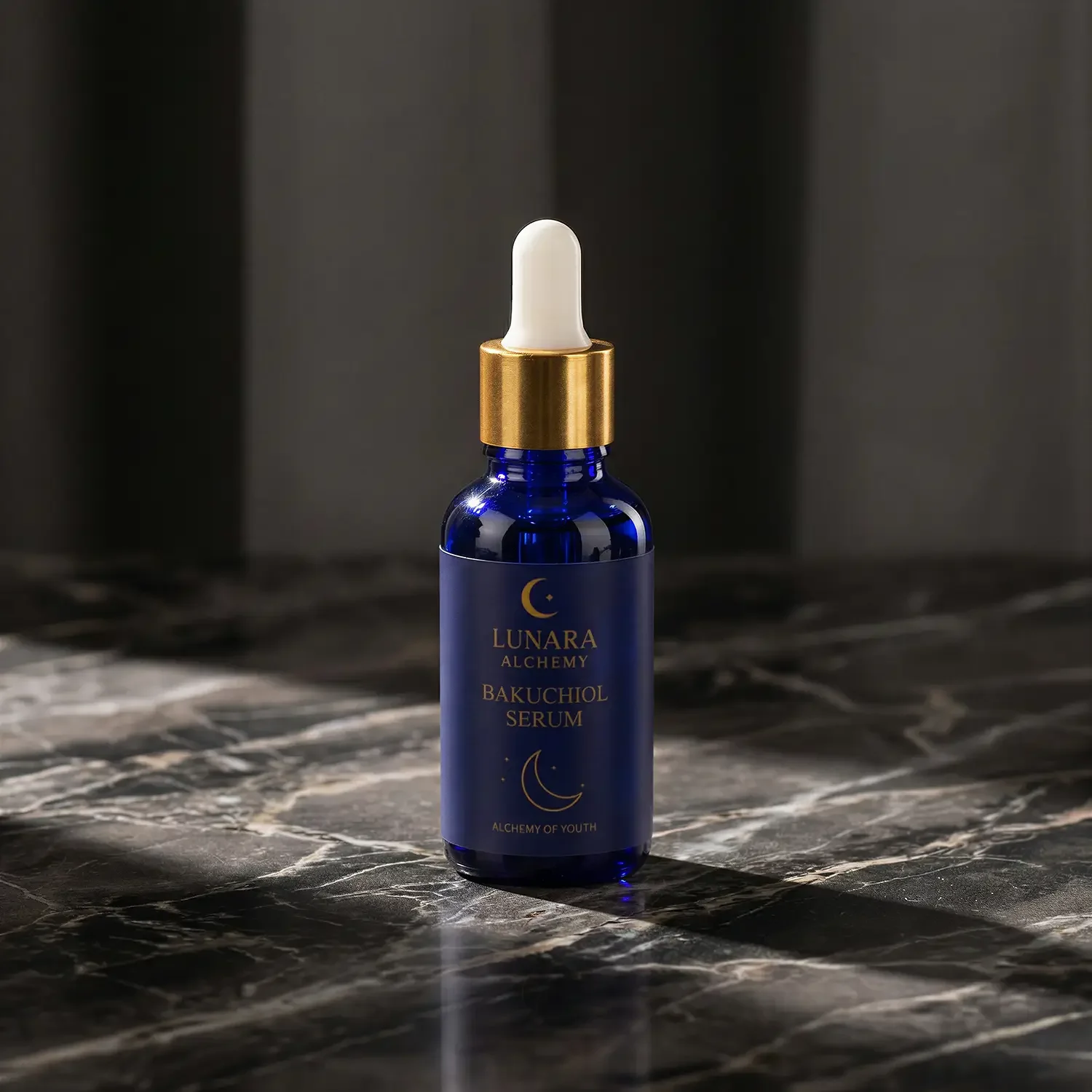Skin care photography of a blue bottle of with a white dropper cap on a marble surface.