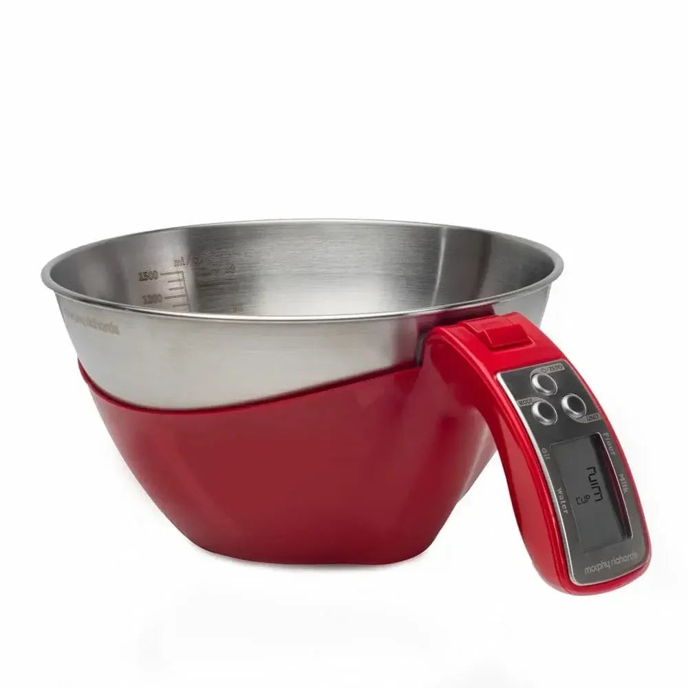 main / hero image of red digital mixing bowl with stainless steel interior and a digital display with buttons.