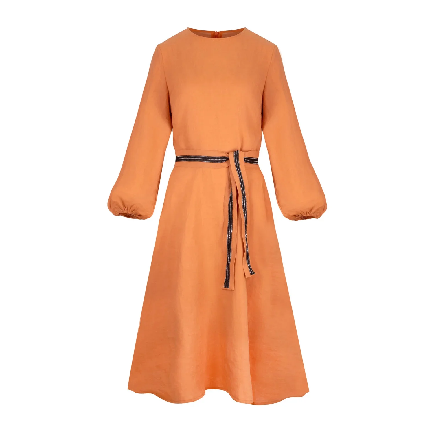 Ghost mannequin photography of a dress with long, puffed sleeves and a black belt tied at the waist.
