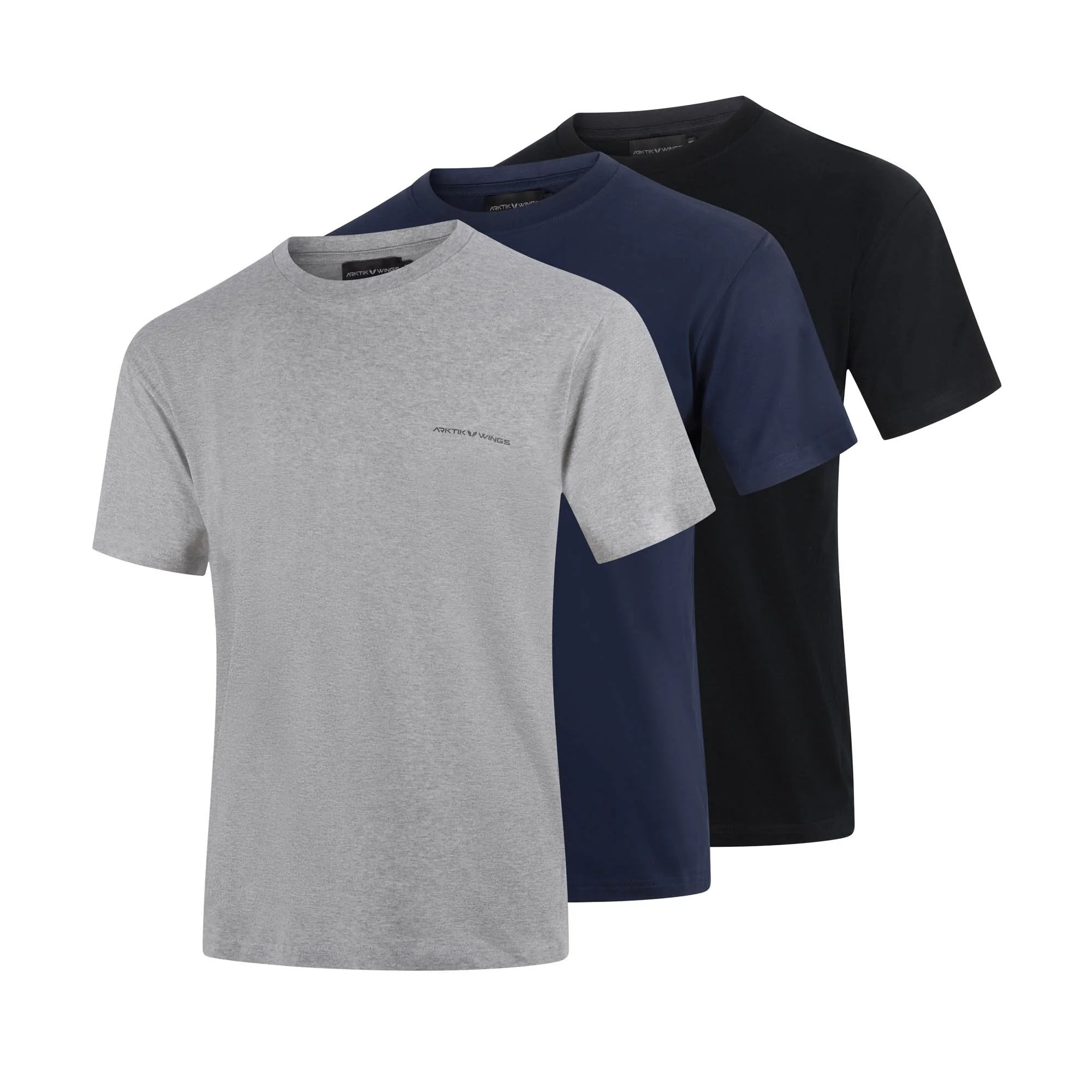 ghost mannequin photography of three sportswear t-shirts in grey, navy blue, and black colours displayed overlapping each other, with the grey shirt in front.