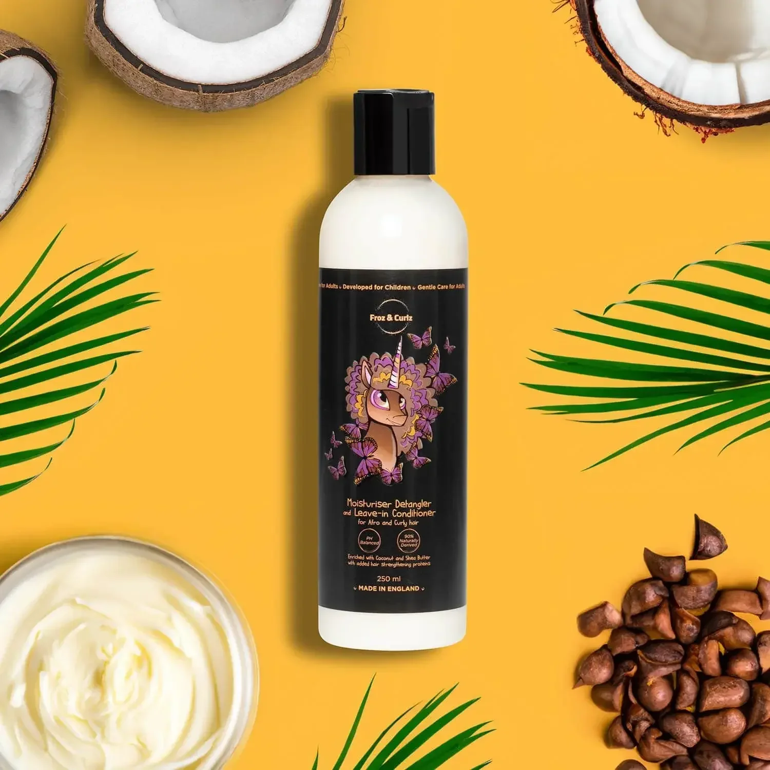 hair care product photography for the  froz and curls brand on a solid yellow background