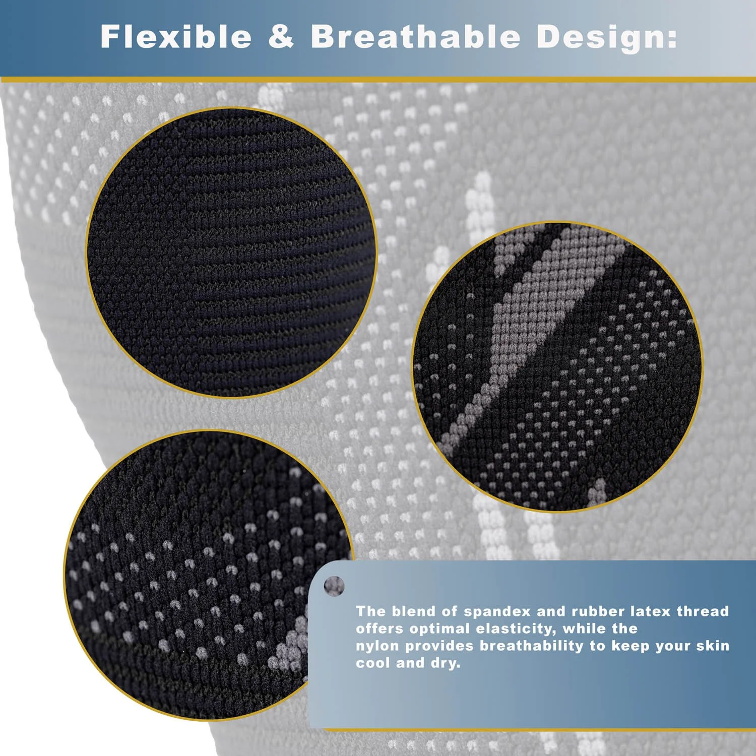 Premium product infographic with three image highlights for a knee support's flexible and breathable design